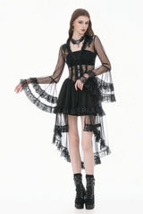 Black Deep-V Ruffled Long Flare Sleeves Sheer Lace Patchwork Lace-Up Women's Gothic Duster - Product - 7