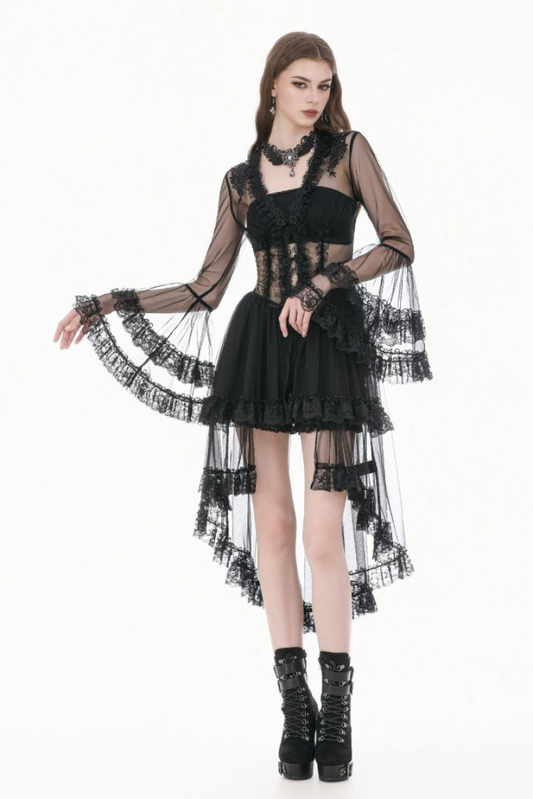 Black Deep-V Ruffled Long Flare Sleeves Sheer Lace Patchwork Lace-Up Women's Gothic Duster - Product - 7