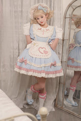Blue Short Puff Sleeves Ruffle Bowknot Maid Sweet Princess Lolita Dress - Product - 6