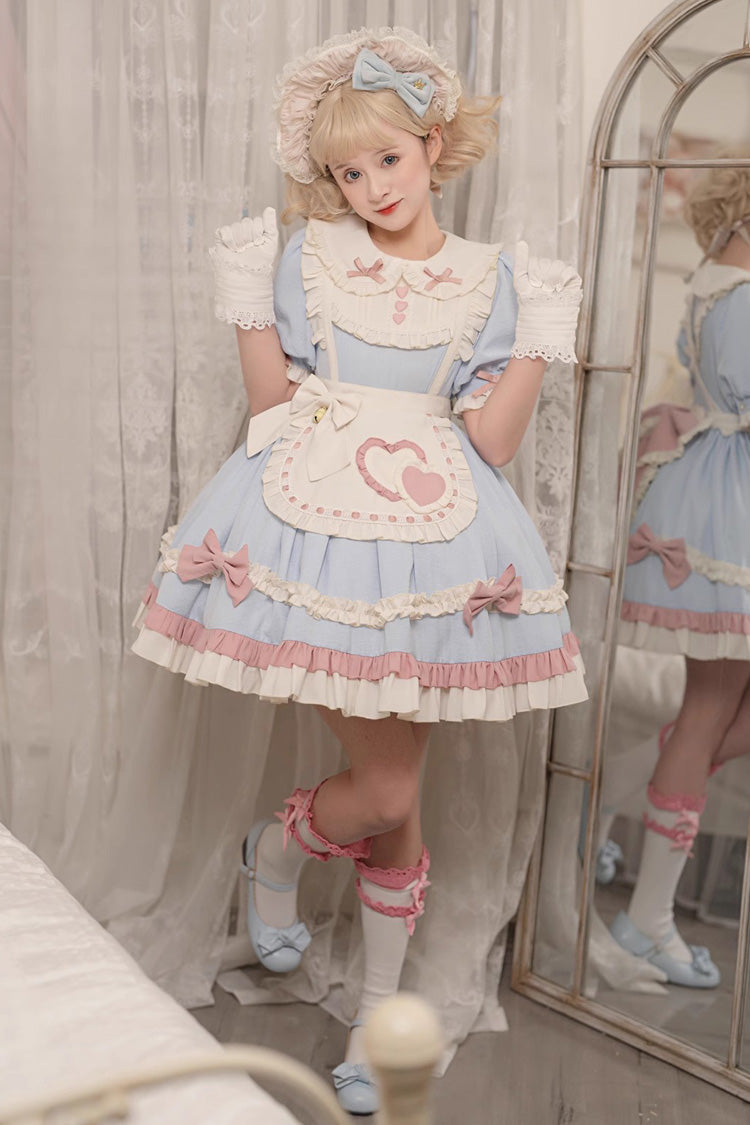 Blue Short Puff Sleeves Ruffle Bowknot Maid Sweet Princess Lolita Dress - Product - 6