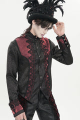 Red Stand Collar Long Sleeves Jacquard Embroidered Bow Lace Men's Gothic Palace Shirt - Product - 10
