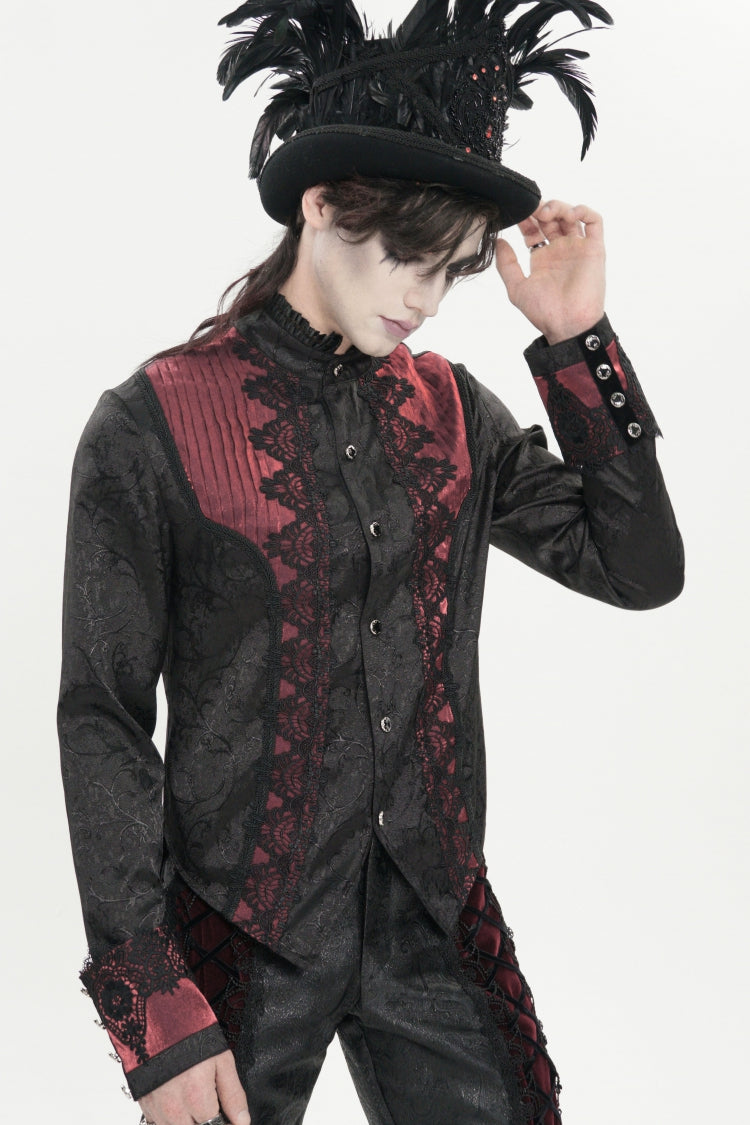 Red Stand Collar Long Sleeves Jacquard Embroidered Bow Lace Men's Gothic Palace Shirt - Product - 10