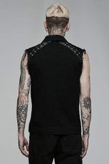 Black Punk Elastic Twill Fabric Featured Flap Pocket Metal Accessories Sleeveless Men's Vest - Product - 3