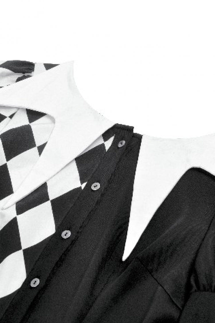 Black/White Harlequin Collar Diamond Pattern Color-Blocked Long Puff Flare Sleeves Women's Gothic Blouse - Product - 12