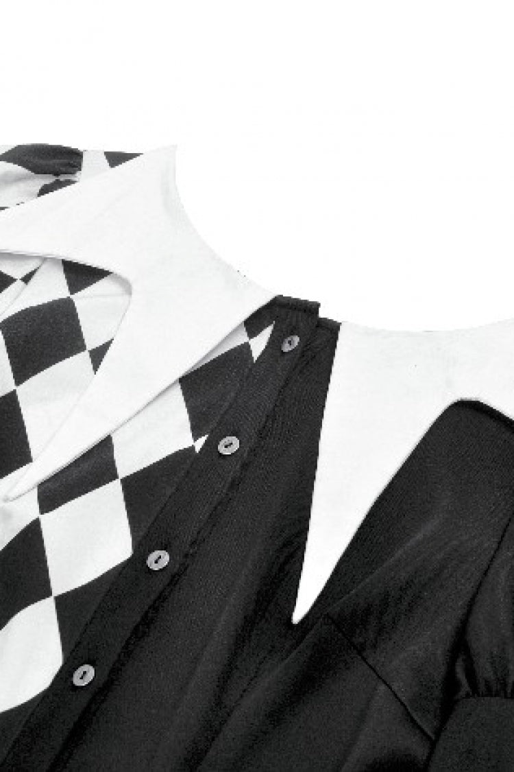 Black/White Harlequin Collar Diamond Pattern Color-Blocked Long Puff Flare Sleeves Women's Gothic Blouse - Product - 12