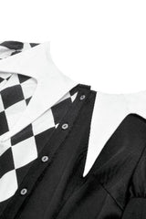 Black/White Harlequin Collar Diamond Pattern Color-Blocked Long Puff Flare Sleeves Women's Gothic Blouse - Product - 12