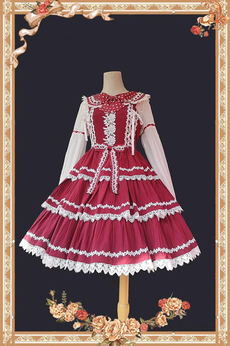 Red/White Three-section Cake Sleeveless Ribbon Sweet Lolita Tiered Dress - Product - 5