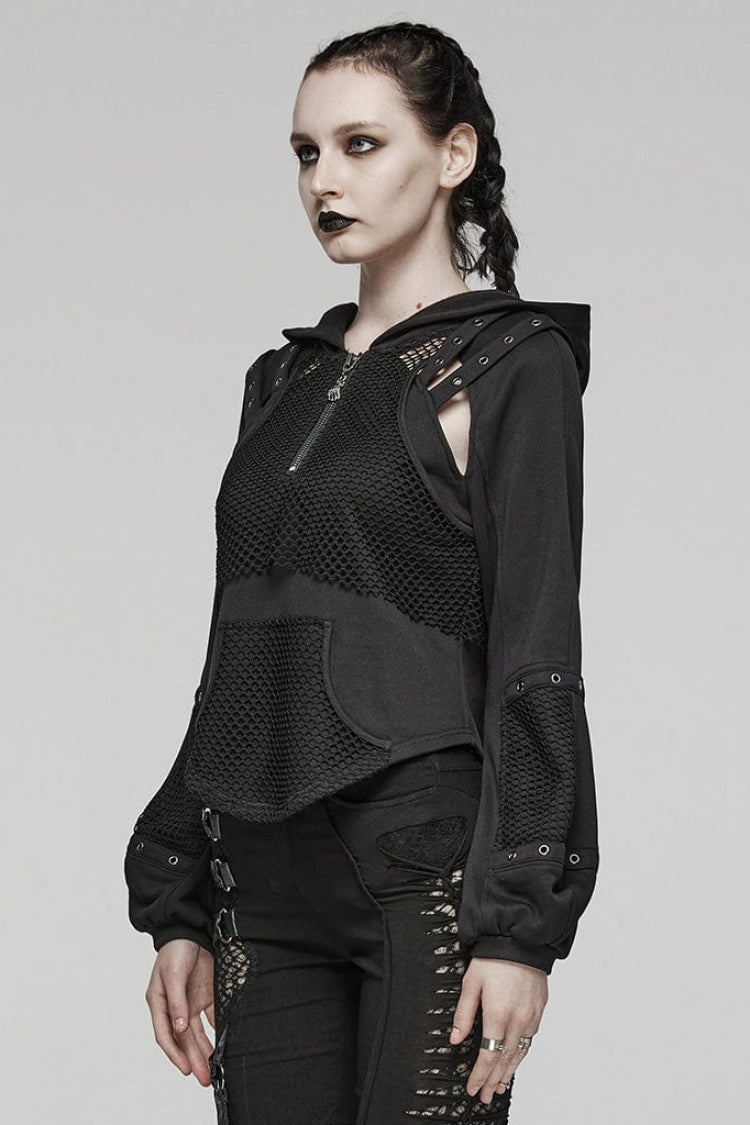 Black Long Sleeves Hollow Mesh Stitching Hooded Womens Steampunk Blouse - Product - 2