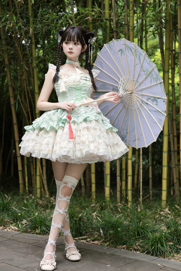 Ancient Poetry Print Multi-layer Ruffle Bowknot Lace Sweet Chinese Style Lolita Tiered Dress 2 Colors - Product - 9