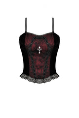 Dark Red Cross Shoulder Straps Jacquard Lace-Up Women's Gothic Overbust Corset - Product - 3