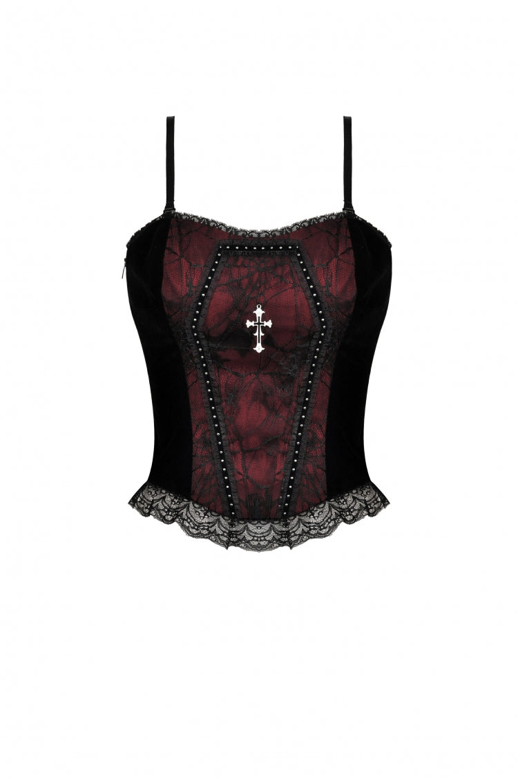 Dark Red Cross Shoulder Straps Jacquard Lace-Up Women's Gothic Overbust Corset - Product - 3