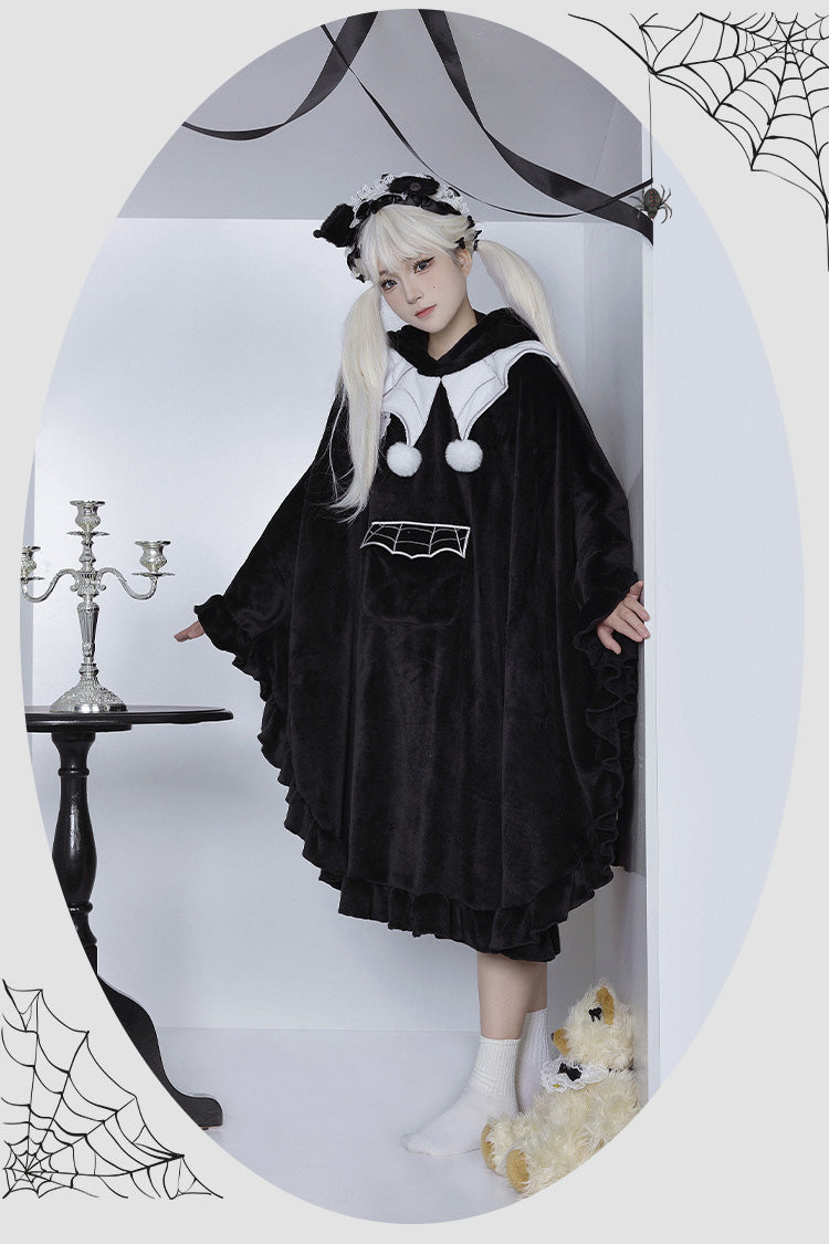 Black Bat Ruffle Hooded Sweet Lolita Coat Cloak - Product - 10