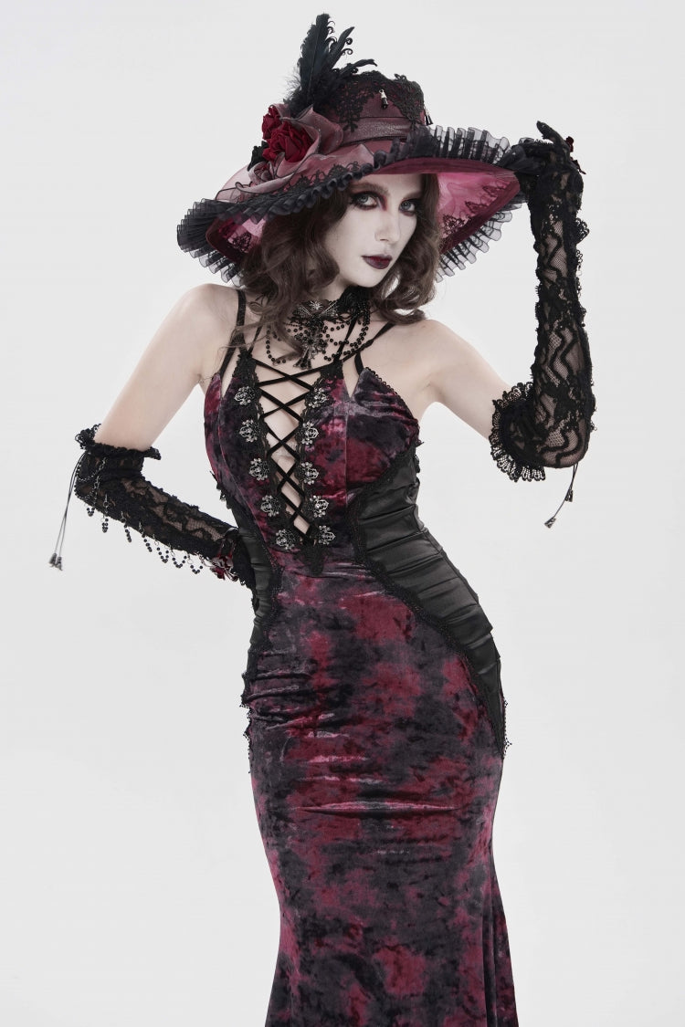 Black/Red Off Shoulder Halterneck Printed Hanayome Lace Lace-Up Slim Pleated Women's Gothic Jsk Dress - Product - 9