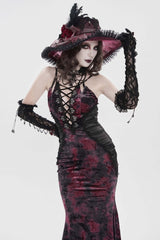 Black/Red Off Shoulder Halterneck Printed Hanayome Lace Lace-Up Slim Pleated Women's Gothic Jsk Dress - Product - 9