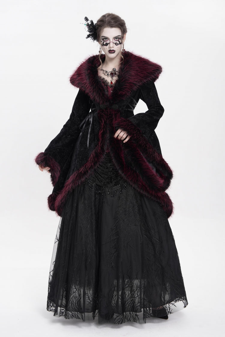 Red Long Sleeves Floral Embroidery Women's Gothic Fluffy Coat - Product - 12