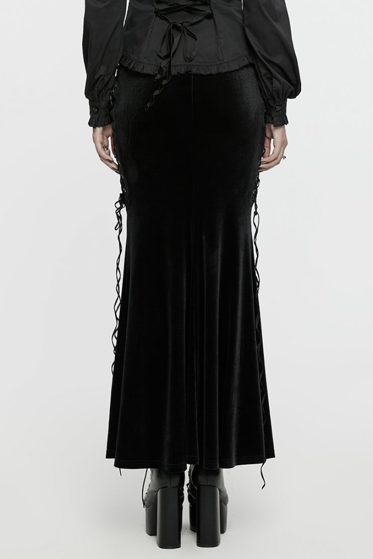 Black/Red Ruffle Rose Embroidery Lace-Up Women's Gothic Fishtailed Skirt - Product - 3