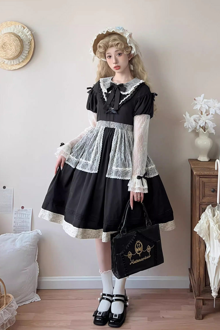Black [Mist over Flowers Along the Path] Lapel Collar Long Sleeves Embroidery Bowknot Lace Sweet Lolita Dress - Black - 1