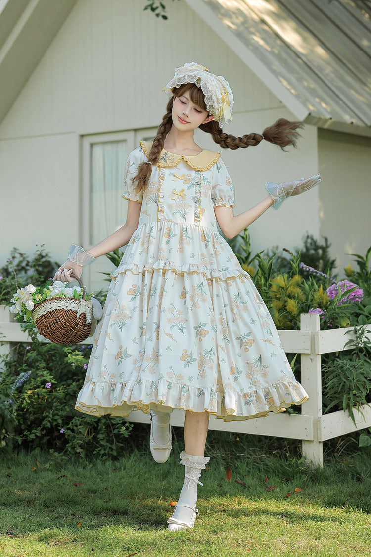 [Breezy Summer Blossoms] Peter Pan Collar Short Sleeves Jacquard Printed Ruffled Embroidered Bow Sweet Lolita Dress 2 Colors (Yellow, Purple) - Product - 13
