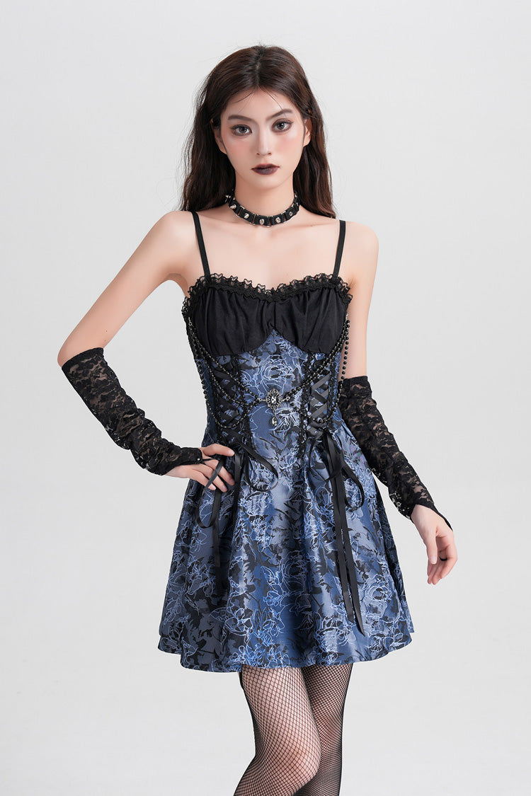 Blue Sleeveless Jacquard Printed Spliced Lace-Up Gothic Vintage Lolita Jsk Dress - Blue - 1