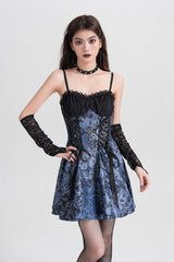 Blue Sleeveless Jacquard Printed Spliced Lace-Up Gothic Vintage Lolita Jsk Dress - Blue - 1