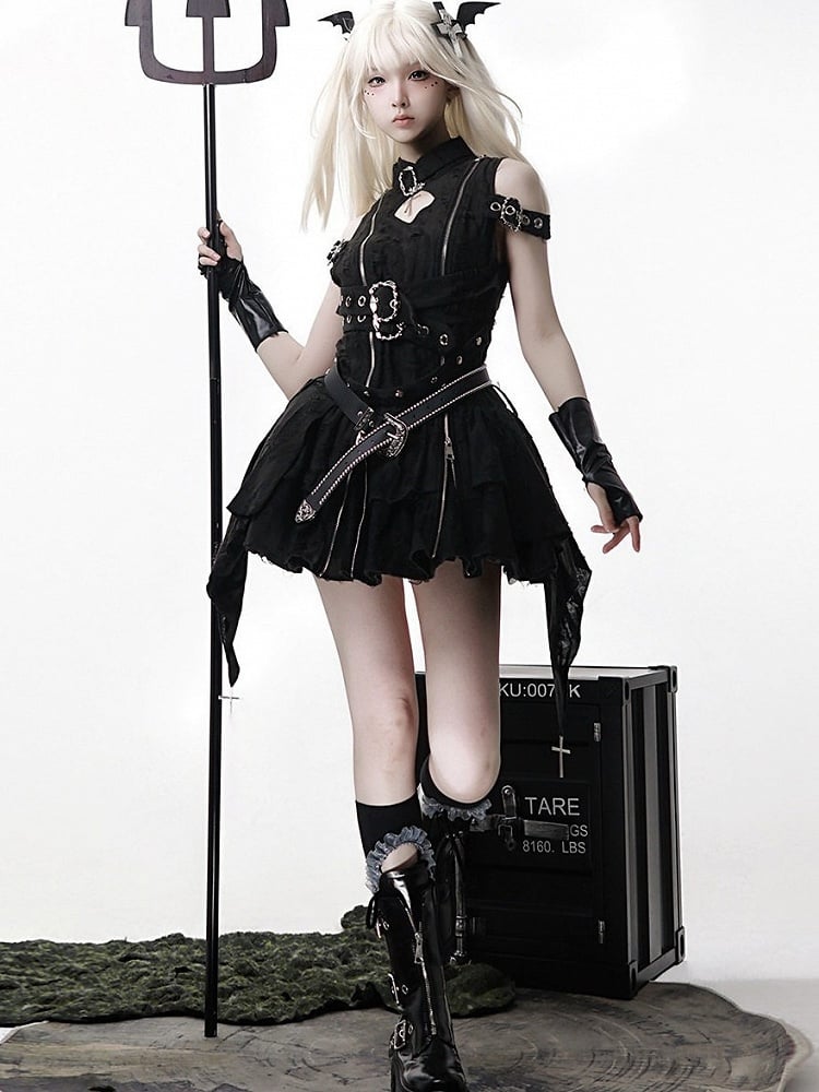 Black Gothic Metal Button Accent Asymmetric Hem Lolita Sleeveless Dress with Belt Set - view 9