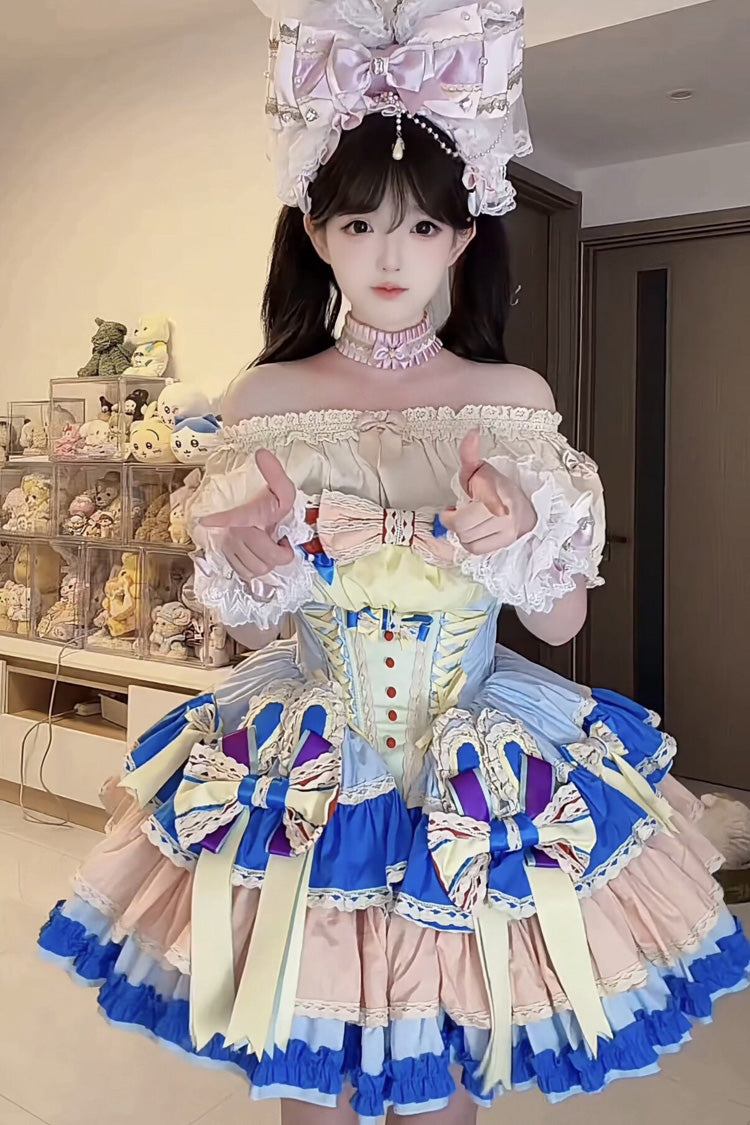 Multi-Color [Candy Paper Ribbon × Sleepy Bunny Doll Shop] Sleeveless Multi-Layered Ruffled Bow Lace-Up Sweet Ballet Lolita Dress - Product - 4