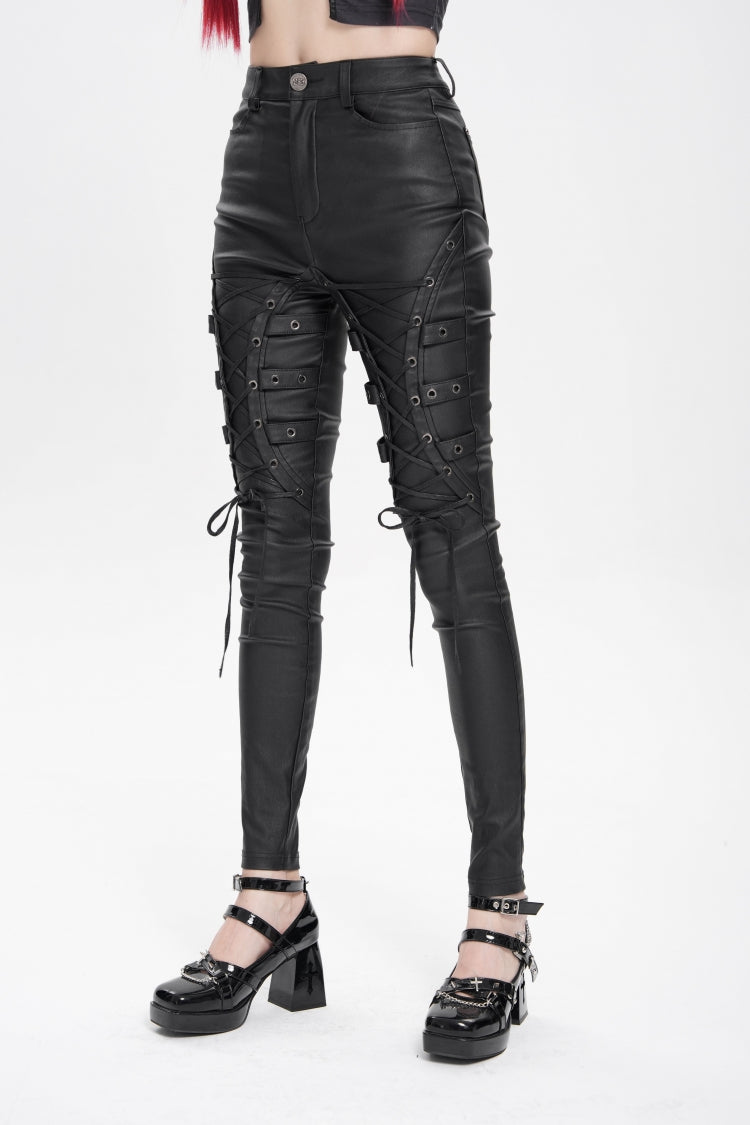 Black Lace-Up Eyelet Straps Women's Punk Pants - Product - 5