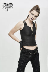 Black Lace Up Double Loops Front Shoulder Backless Women's Punk Waistcoat - Product - 2