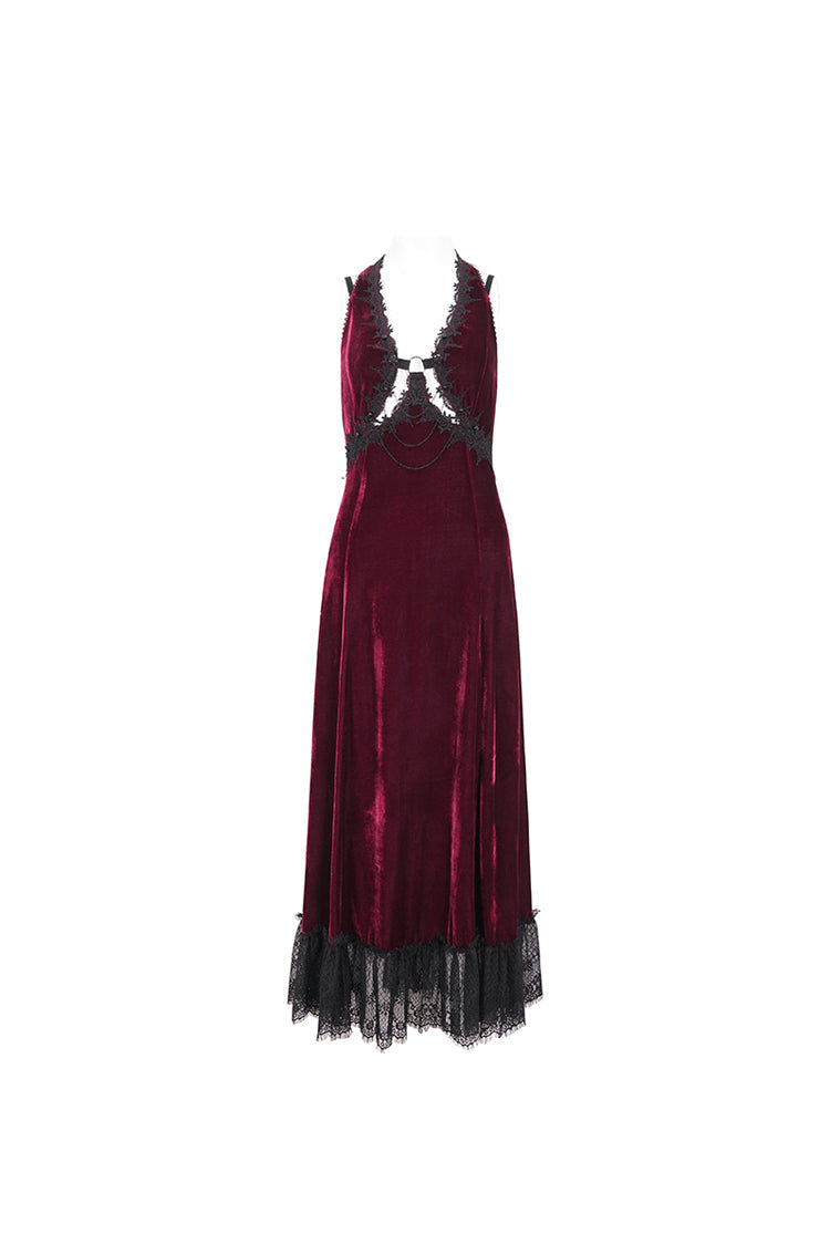 Red Lace Up Lace Hem Slip Long Women's Gothic Dress - Product - 7