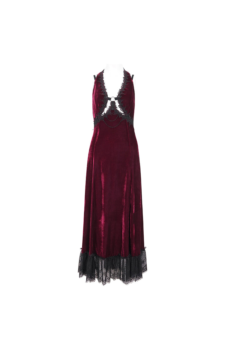 Red Lace Up Lace Hem Slip Long Women's Gothic Dress - Product - 7