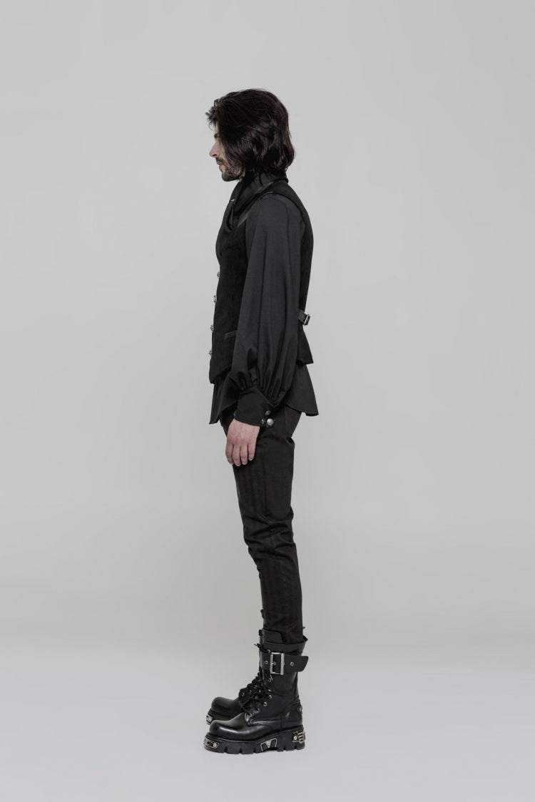 Black Sleeveless Print Stitching Metal Button Mens Steampunk Vest - Product - 3