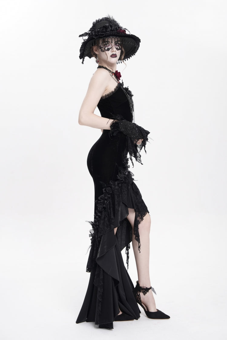 Black Sleeveless Cross Ruffled Floral Embroidered Chain-Decorated Women's Gothic Long Slip Dress - Product - 8
