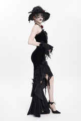 Black Sleeveless Cross Ruffled Floral Embroidered Chain-Decorated Women's Gothic Long Slip Dress - Product - 8
