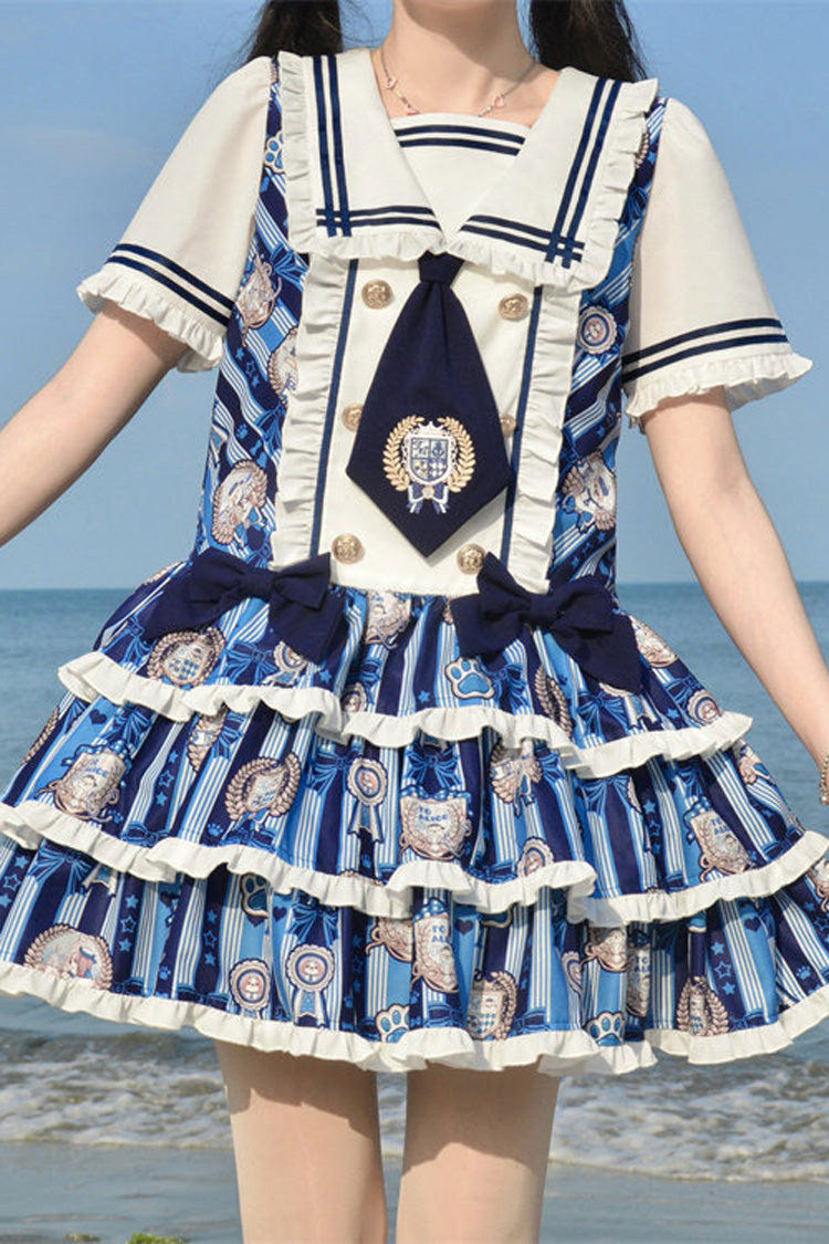 Blue [Glory of the Dog] Navy Collar Short Sleeves Low Waisted Triple-Layered Printed Ruffled Bow Sweet Lolita Dress - Product - 10