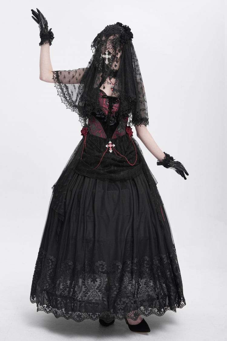 Black Stitching Floral Mesh Women's Gothic Skirt - Product - 11