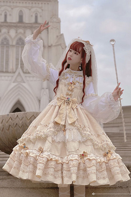 Gold Hanayome Bowknot Princess Multi-Layer Ruffled Sweet Lolita JSK Dress - Product - 2