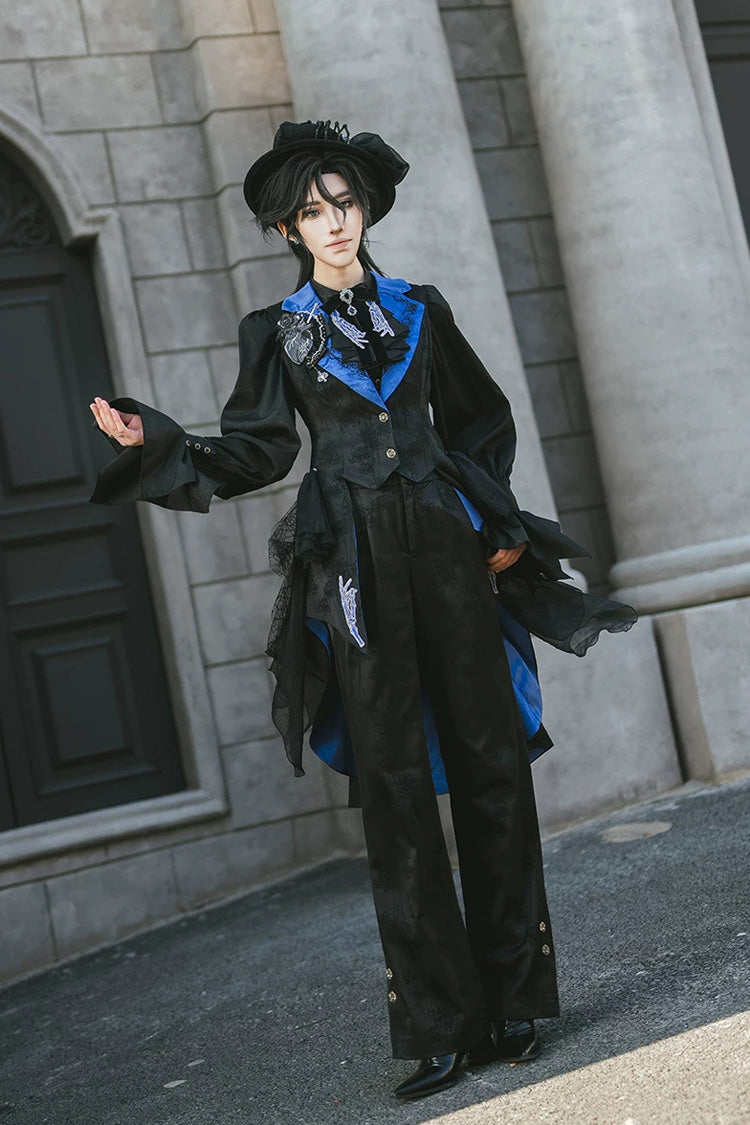 Black/Blue [Moonlit Return] Jacquard Printed Lace-Up Gothic Elegant Ouji Lolita (Blouse/Pants/Shorts/Vest) - Product - 4