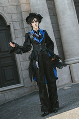 Black/Blue [Moonlit Return] Jacquard Printed Lace-Up Gothic Elegant Ouji Lolita (Blouse/Pants/Shorts/Vest) - Product - 4