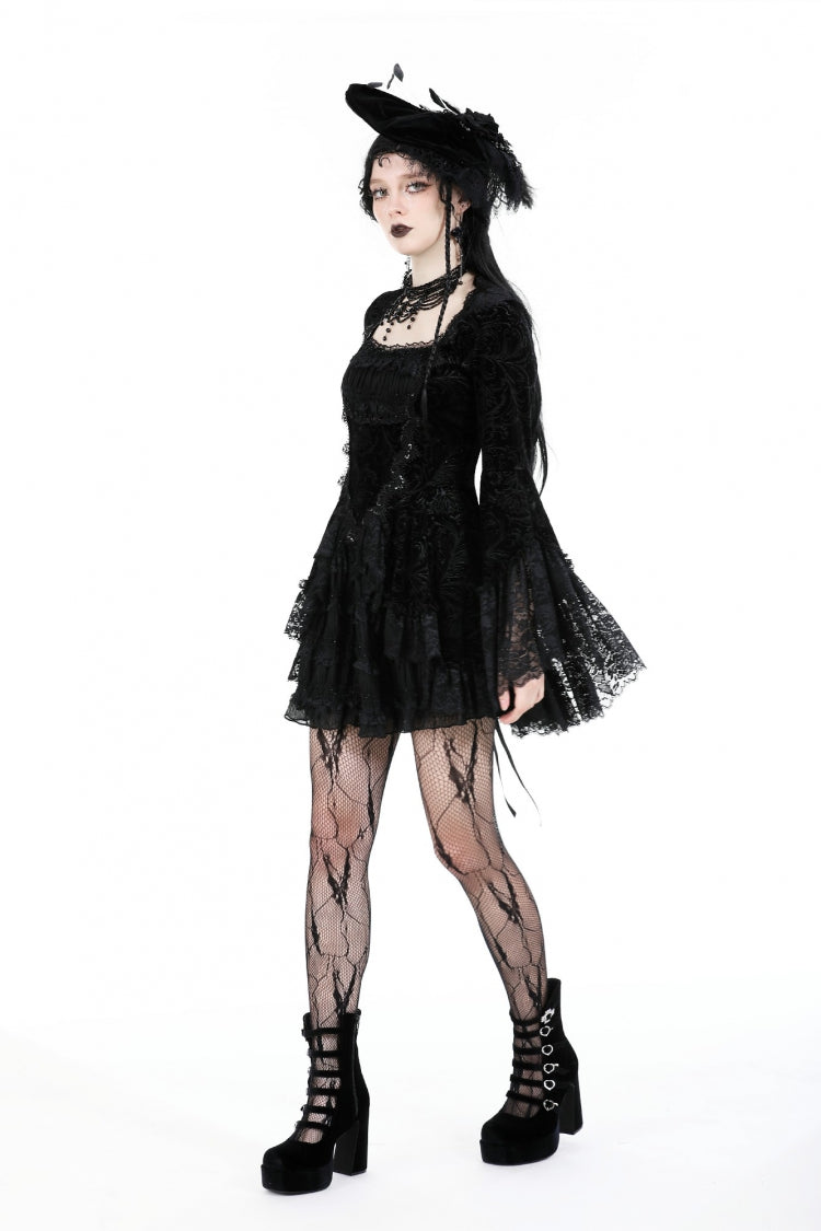 Black Square Collar Long Flared Sleeves Multi-Layered Lace Trim Lace-Up Women's Gothic Velvet Dress - Product - 9