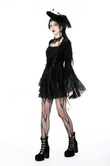 Black Square Collar Long Flared Sleeves Multi-Layered Lace Trim Lace-Up Women's Gothic Velvet Dress - Product - 9
