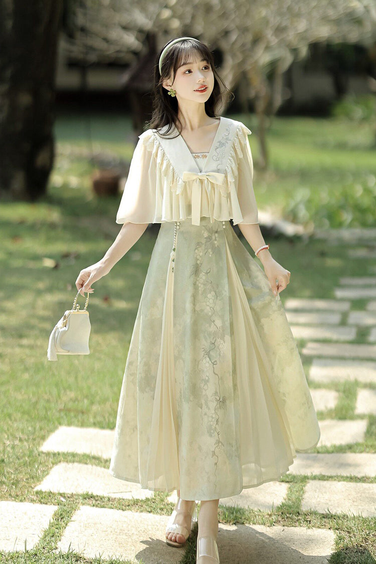 Green/Apricot [Green Grapes] High Waisted Printed Women's Daily Sweet Hanfu Dress Set - Green/Apricot - 1