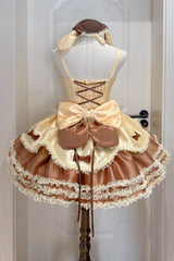Brown [Jasmine Rain] Square Collar Sleeveless Triple-Layered Polka Dot Printed Ruffled Bow Lace Sweet Lolita Jsk Dress - Product - 2