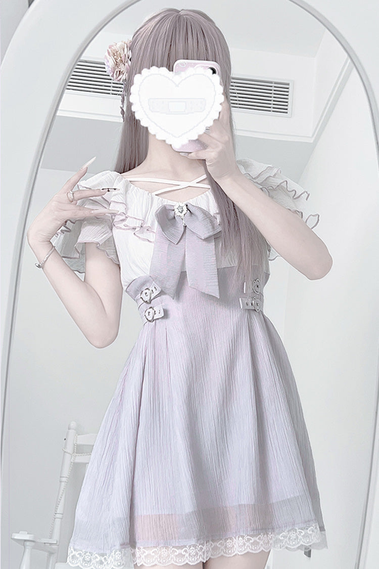 Purple Short Sleeves Ruffle Bowknot Lace Jirai Kei Japanese Dress - Product - 5