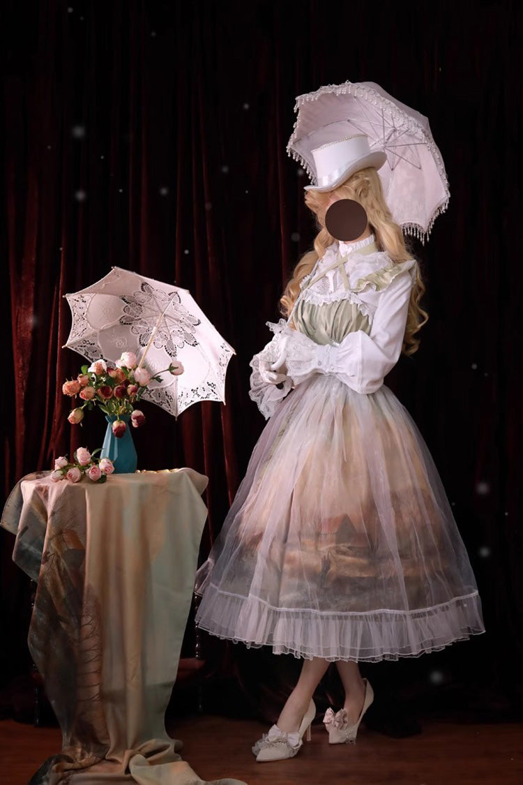 Village Print Ruffle Lace Off Shoulder Elegant Princess Sweet Lolita Jsk Dress 2 Colors - Product - 2