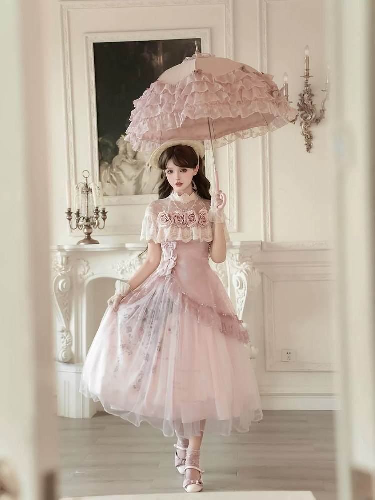 Pink Floral Mesh Lace Ruffled Rose Sweet Princess Vintage (Set) detail view 7