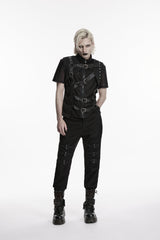 Black Stand Collar Sleeveless Spliced Asymmetric Studded Buckled Eyelet Men's Punk Cool Vest - Product - 8