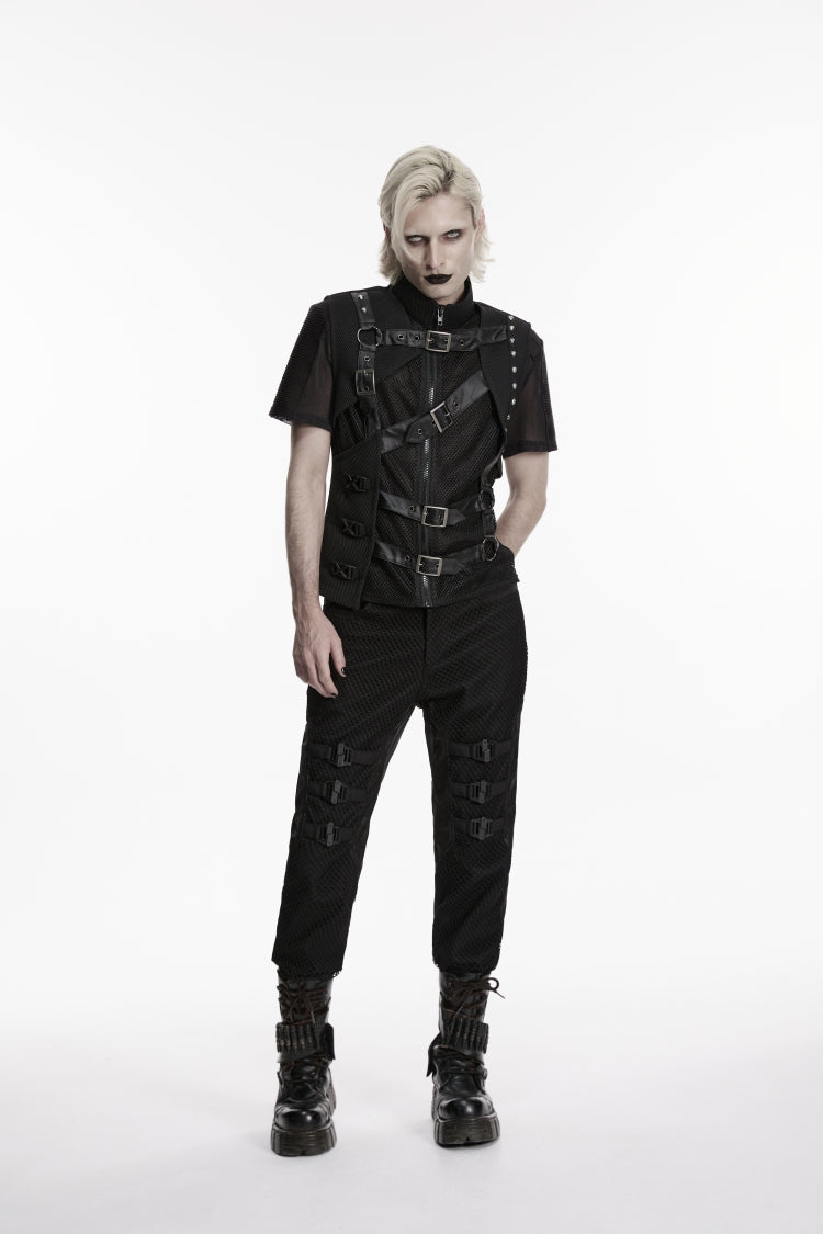 Black Stand Collar Sleeveless Spliced Asymmetric Studded Buckled Eyelet Men's Punk Cool Vest - Product - 8
