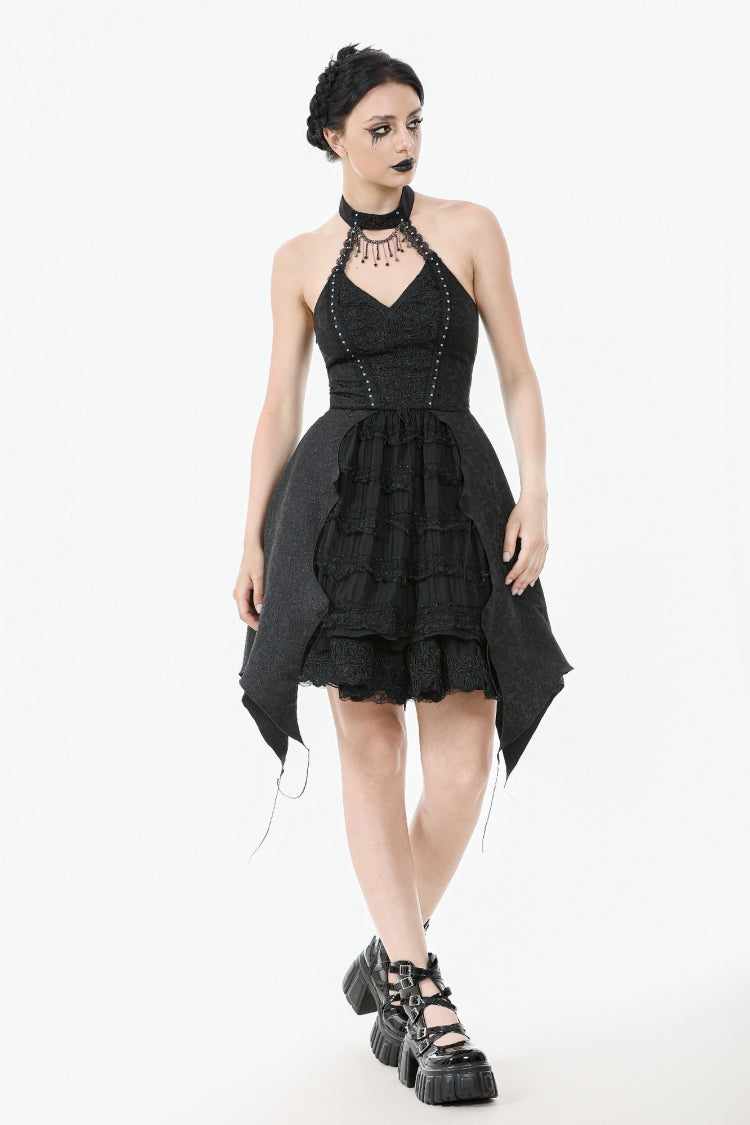 Black Off Shoulder Halterneck Sleeveless Lace Lace-Up Women's Gothic Party Dress - Product - 10