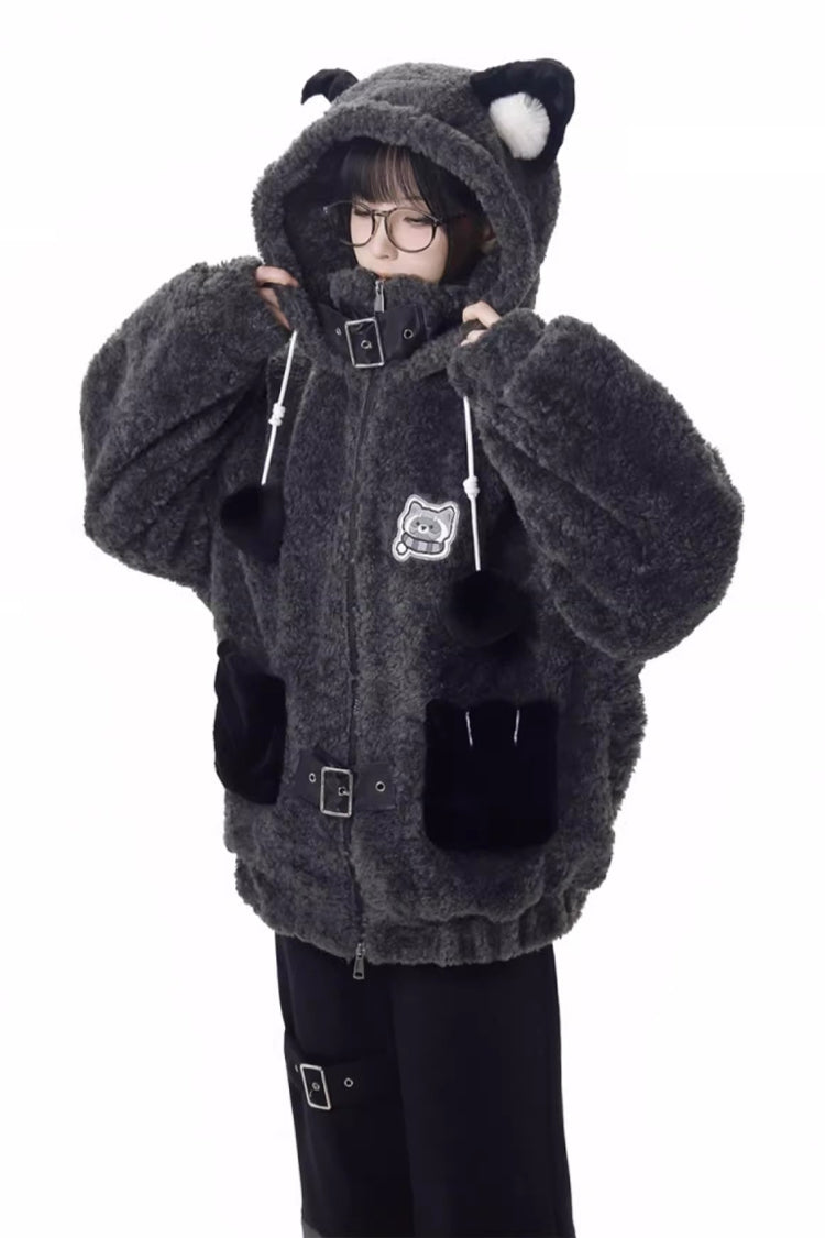 Black/Grey [Little Hibernating Bear] Long Sleeves Hooded Zippered Sweet Lolita Coat and Pants Set - Product - 2
