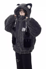Black/Grey [Little Hibernating Bear] Long Sleeves Hooded Zippered Sweet Lolita Coat and Pants Set - Product - 2